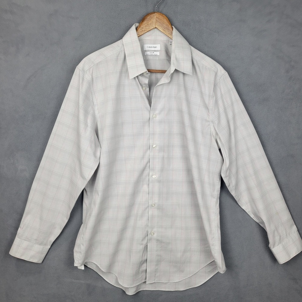 Calvin Klein Dress Shirt Men's 16.5 Steel Plaid Cotton Stretch Slim Fit Collared
